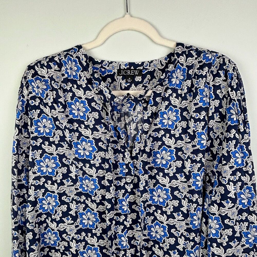 J.Crew V Neck Tie Top Floral Cotton Blend Dobby Blue Floral Long Puff Sleeve M - Picture 4 of 14
